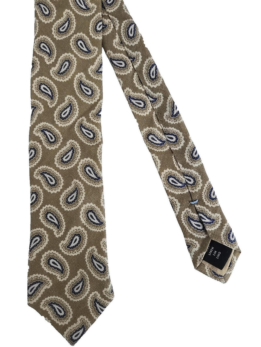 KENT & CURWEN 100% Linen Neck Tie Khaki Green Blue Paisley Made in Italy